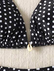 SHEIN 2026春夏少女度假黑白波点泳衣套装 - 黑與白 - 查看 3