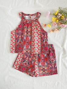 Vintaside Kids Girls' Sleeveless Stylish And Elegant Digital Printed Top Paired With Digital Printed Casual And Fashionable Shorts Set, Suitable For Outdoor Travel And Beach Wear - Red - View 4