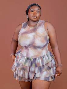 CurvyTilda Plus Size Summer Fashion Tie-Dye Print Ruffle Hem Romper, 2026 New Year, For Hourglow & Hourglass Body Shape - Multicolor - View 5