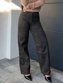 Jeta Ari 女式豹纹阔腿宽松休闲牛仔裤，带口袋 Y2k - 棕色 - 查看 6