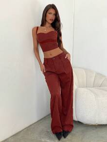 Aloruh 女士秋冬新款商务套装，棕色条纹吊带背心和棕色条纹西装裤两件套，适合通勤、办公、正式场合。 - 酒紅色 - 查看 3