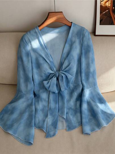 GlowEve Women's Elegant Blue Floral Print Flare Sleeve Casual Beach Shirt, Front Tie Design, Suitable For Dates, Outings, New Year, Versatile Top