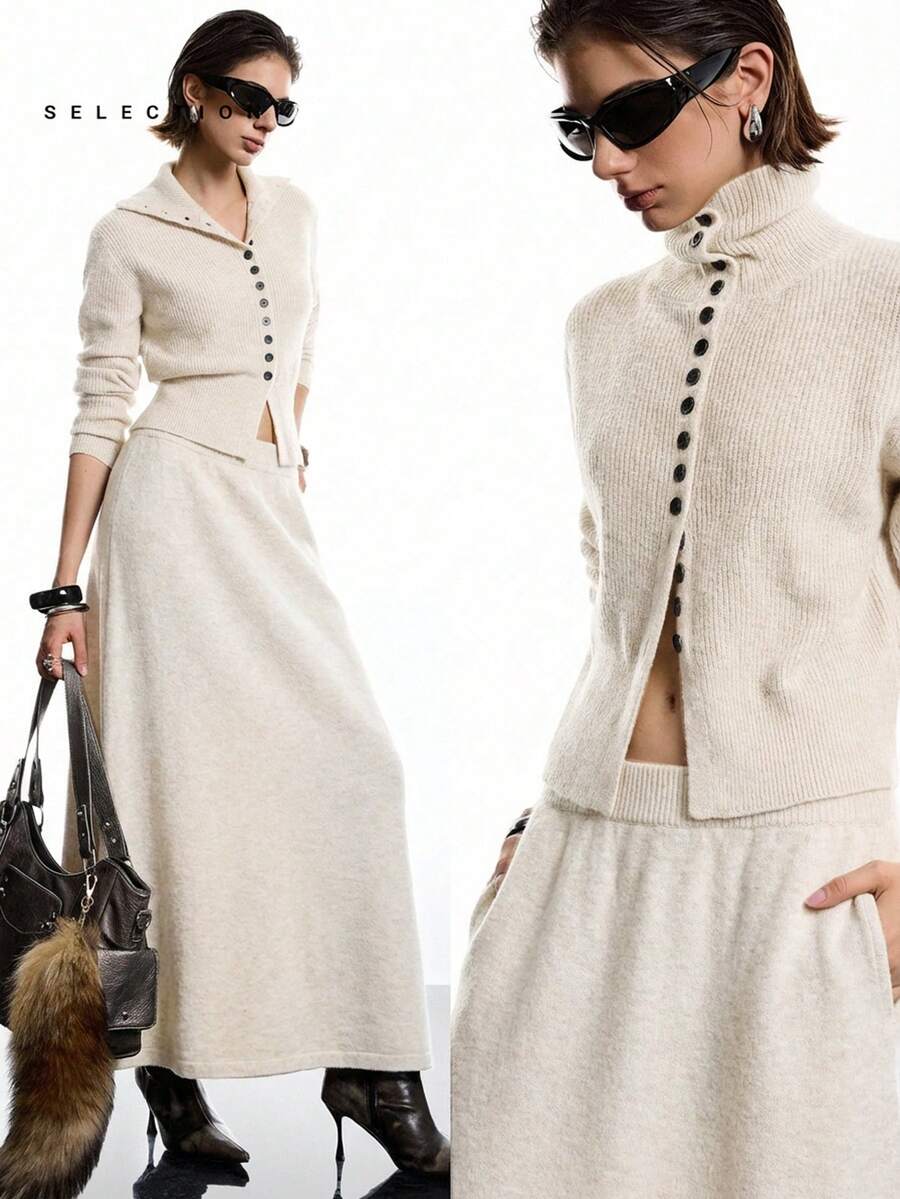 LYSMO 新款简约春季女士休闲纯色单排扣开衫针织半裙两件套，春季针织长袖连衣裙，杏色长裙，燕麦色女装，休闲长裙，圣诞节 - 杏色 - 查看 1