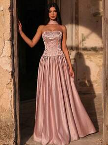 Glamrae Elegant Lustrous Satin Beaded Bustier A-Line Maxi Skirt Set,Detachable Chiffon Flounce Adjustable Tie Waist Gala Dress For Weddings,Formal Events - Khaki - View 2