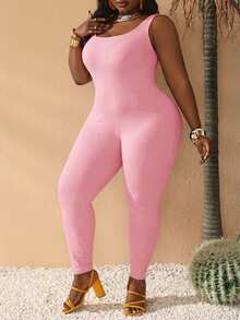 Slaydiva Slayr Basic Casual Elastic Knit Plus Size Jumpsuit - Pink - View 4