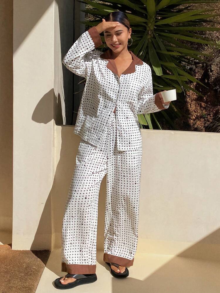 Women's Polka Dot Print Contrast Color Splice Pajama Set