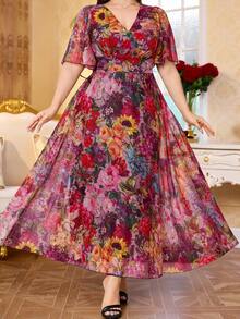 Modelyn New Luxury Elegant Loose V-Neck Short Sleeve Dress - Hot Pink - View 6