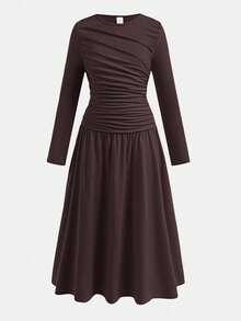 SHEIN Serisse Kids Tween Girls Solid Ruched Long Sleeve Long Dress, Casual Daily Autumn Winter Fall Clothes Elegant Dresses - Brown - View 4