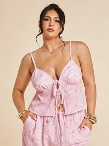 SHEIN BAE 大码女装春夏粉色休闲日常通勤系带蝴蝶结印花吊带背心，海边度假