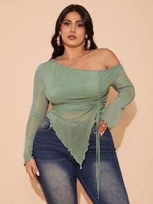 SHEIN BAE Plus Size Women Summer Holiday Party Mesh Drawstring Side Elegant Birthday Top - Mint Green - View 6