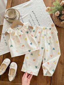 SHEIN LMoss Kids 女宝宝夏季度假印花荷叶边无袖上衣和松紧腰裤套装 - 彩色 - 查看 1
