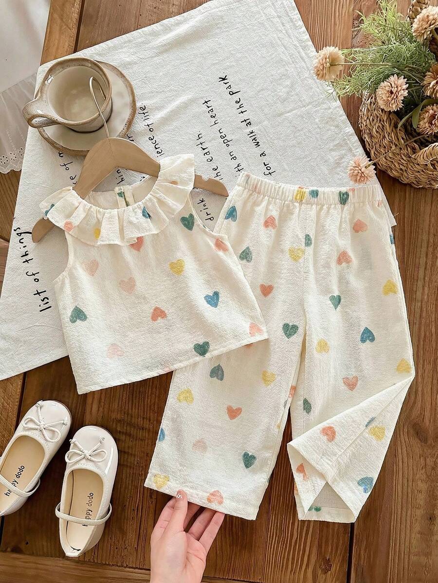 SHEIN LMoss Kids 女宝宝夏季度假印花荷叶边无袖上衣和松紧腰裤套装 - 彩色 - 查看 1