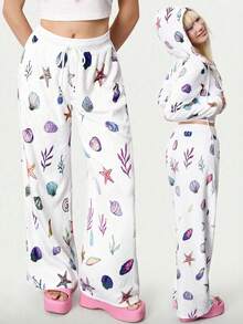 Y2Kool Maria Clara Maia 白色法兰绒海星贝壳印花Y2K休闲宽松裤，适合秋冬季派对、度假、日常搭配，也可作为夏季沙滩裤、度假裤、白色阔腿裤、春季女装、生日礼物或嘉年华服饰。 - 白色 - 查看 1