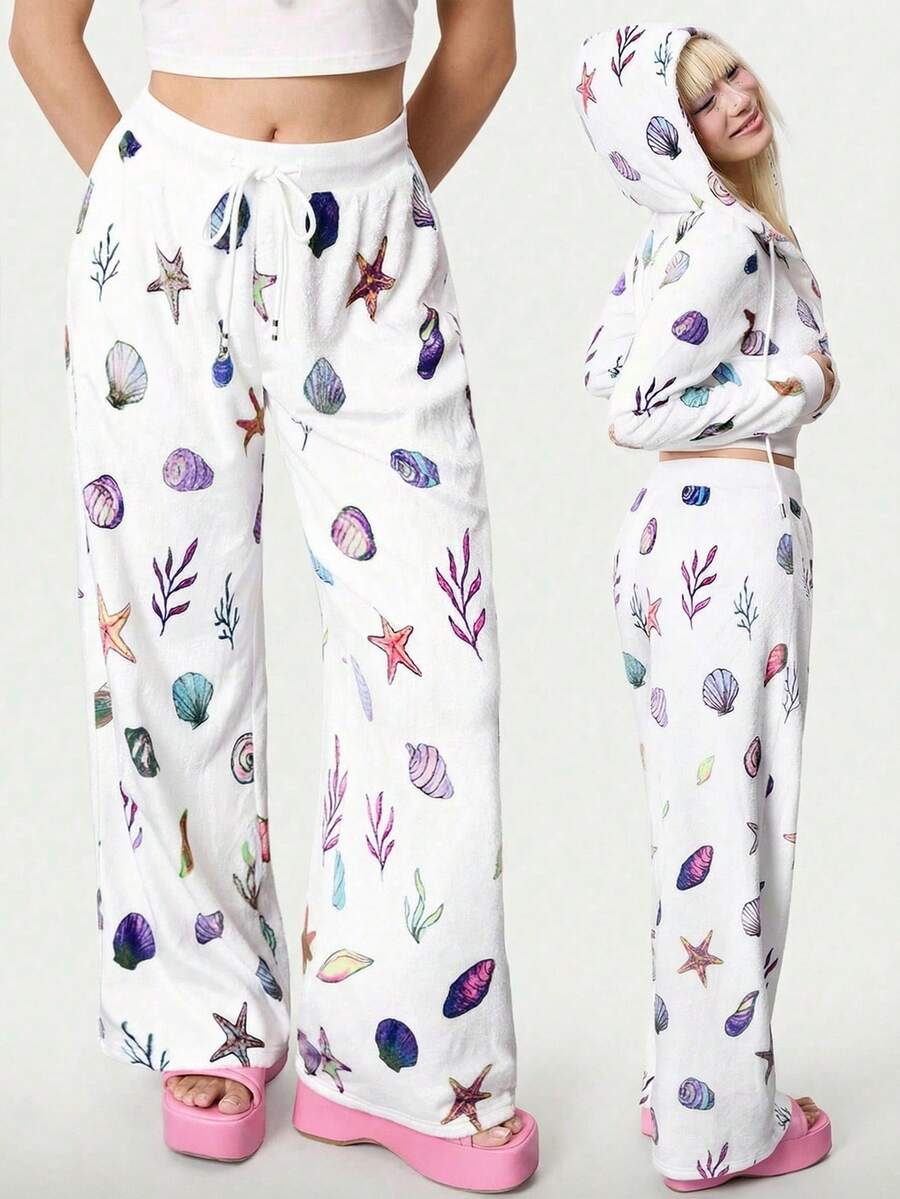 Y2Kool Maria Clara Maia 白色法兰绒海星贝壳印花Y2K休闲宽松裤,适合秋冬季派对、度假、日常搭配,也可作为夏季沙滩裤、度假裤、白色阔腿裤、春季女装、生日礼物或嘉年华服饰。 - 白色 - 查看 1