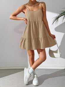 SHEIN EZwear Đầm hai dây hở lưng màu be dệt kim kiểu dáng thường ngày, thích hợp cho kỳ nghỉ xuân/hè, hàng mới về dành cho nữ. - Lạc đà - Xem 3