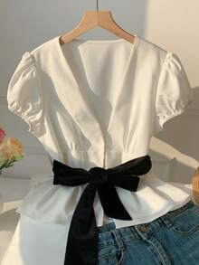 Comfortcana Women's Elegant Black And White V-Neck Bubble Sleeve Pleated Blouse,Summer Fashionable Contrast Color Belt Casual Top For Date Vacations,White Top - White - View 6