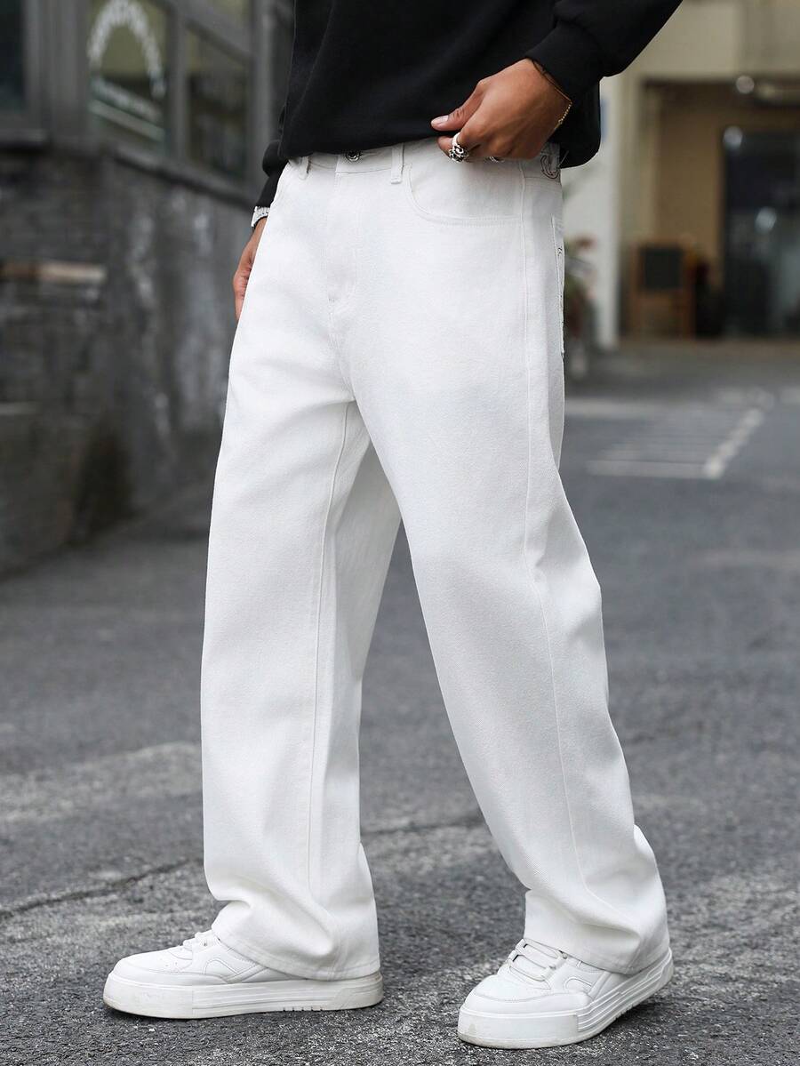Manfinity EMRG Men's Mature Casual/Business Embroidered Straight Leg Wide Leg Jeans - White - View 1