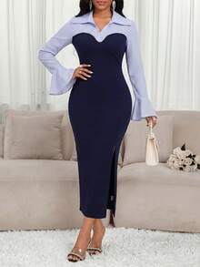 SHEIN Lady 女士条纹印花修身优雅长袖连衣裙 - 彩色 - 查看 5