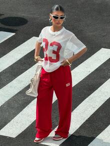 Muchica 女士宽松网眼镂空T恤和裤子套装，春夏款 - 紅白色 - 查看 1