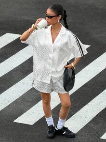 Muchica 女士春夏新款豹纹提花宽松衬衫短裤套装 - 白色 - 查看 5