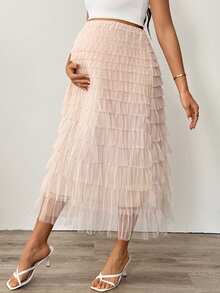 Loomaby Pregnant Women Solid Color Layered Elegant Fashion Skirt,Gender Reveal Skirt,Maternity Skirt, Baby Shower Skirt - Khaki - View 6