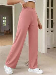 SHEIN Frenchy 女士休闲优雅扭腰修身直筒裤 - 粉色 - 查看 4