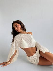 Aloruh Bộ đồ nữ mùa xuân/hè mới với chất liệu jacquard, gồm áo choàng và chân váy ngắn kiểu quấn, thích hợp mặc đi biển/nghỉ dưỡng. - Màu be - Xem 6