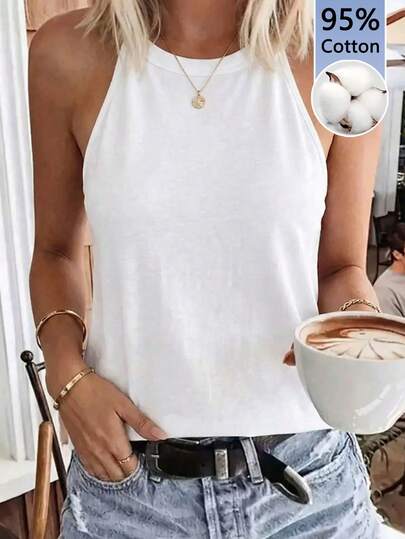 SHEIN LUNE 95% Cotton Women Casual Outdoor Comfortable Halter Neck Camisole, Suitable For Summer Spring