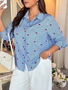 Vionelle 大码女式条纹单排扣爱心印花休闲通勤长袖衬衫 - 藍色 - 查看 1
