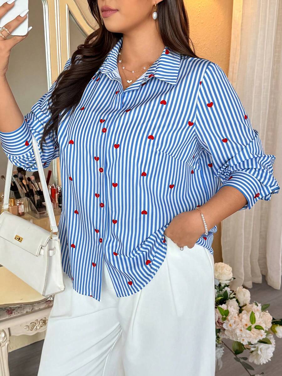 Vionelle 大码女式条纹单排扣爱心印花休闲通勤长袖衬衫 - 藍色 - 查看 1