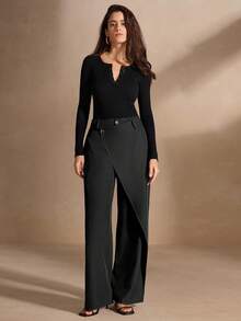 Anewsta Quần nữ dáng suông, cạp cao, vạt bất đối xứng, kiểu dáng công sở, cổ điển, dành cho việc đi làm trong thành phố. - Màu xám đen - Xem 5