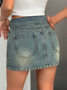 EURMUSE Low Waist Belt Detailed Mini Denim Skirt - Medium Wash - View 2