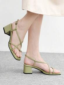 CUCCOO BIZCHIC Summer New French Square Toe Cross With Sleeve Toe Buckle Sandals Women's Thick Heel High Heel Open Toe Roman Shoes - Green - View 1
