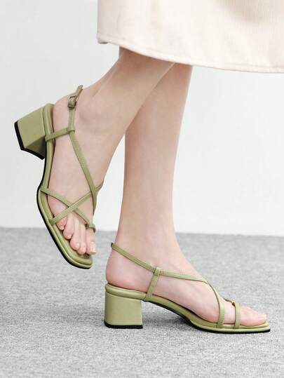 CUCCOO BIZCHIC Summer New French Square Toe Cross With Sleeve Toe Buckle Sandals Women's Thick Heel High Heel Open Toe Roman Shoes