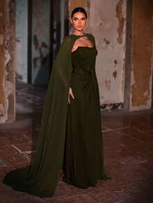 Aureia Đầm dạ hội sang trọng, thanh lịch màu xanh quân đội, chất liệu chiffon co giãn, phối nhiều mảnh, đính đá lấp lánh, kiểu dáng chữ A xếp ly, kèm áo corset và khăn choàng rời. - xanh quân đội - Xem 7