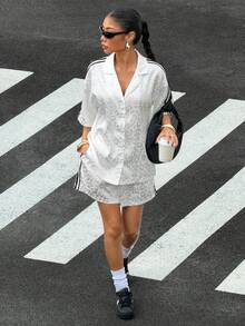 Muchica 女士春夏新款豹纹提花宽松衬衫短裤套装 - 白色 - 查看 4