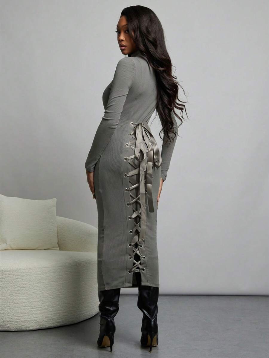 NYA SZN Dress Long Sleeve Turtle Neck Fitted Sweater Business Casual Everyday Cool Girl Ibiza Gyaru Holiday Midi Length Fall Winter Carnival Outfits Women - Grey - View 1