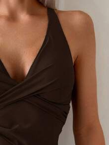 SHEIN Swim 2pcs/Set Women Twist Cup Criss-Cross Back Ruched Tie Side Swimsuit Set - Coffee Brown - View 3