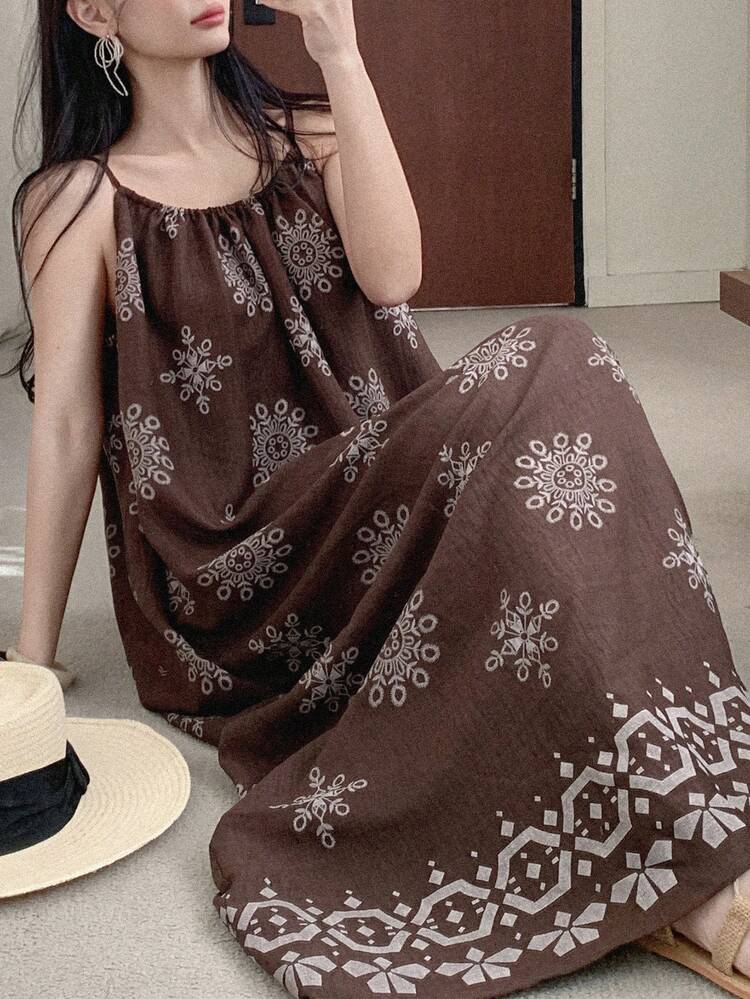 Women's Floral Print Pleated Loose Spaghetti Strap Mid-Length Dress, Vacation Style Cruise Outfit For Women Sundress Summer Boho