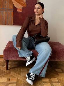 Dazy Plus 浅蓝色水洗撞色拼接宽松阔腿牛仔裤，街头风，四季皆宜 - 淺色水洗藍 - 查看 7