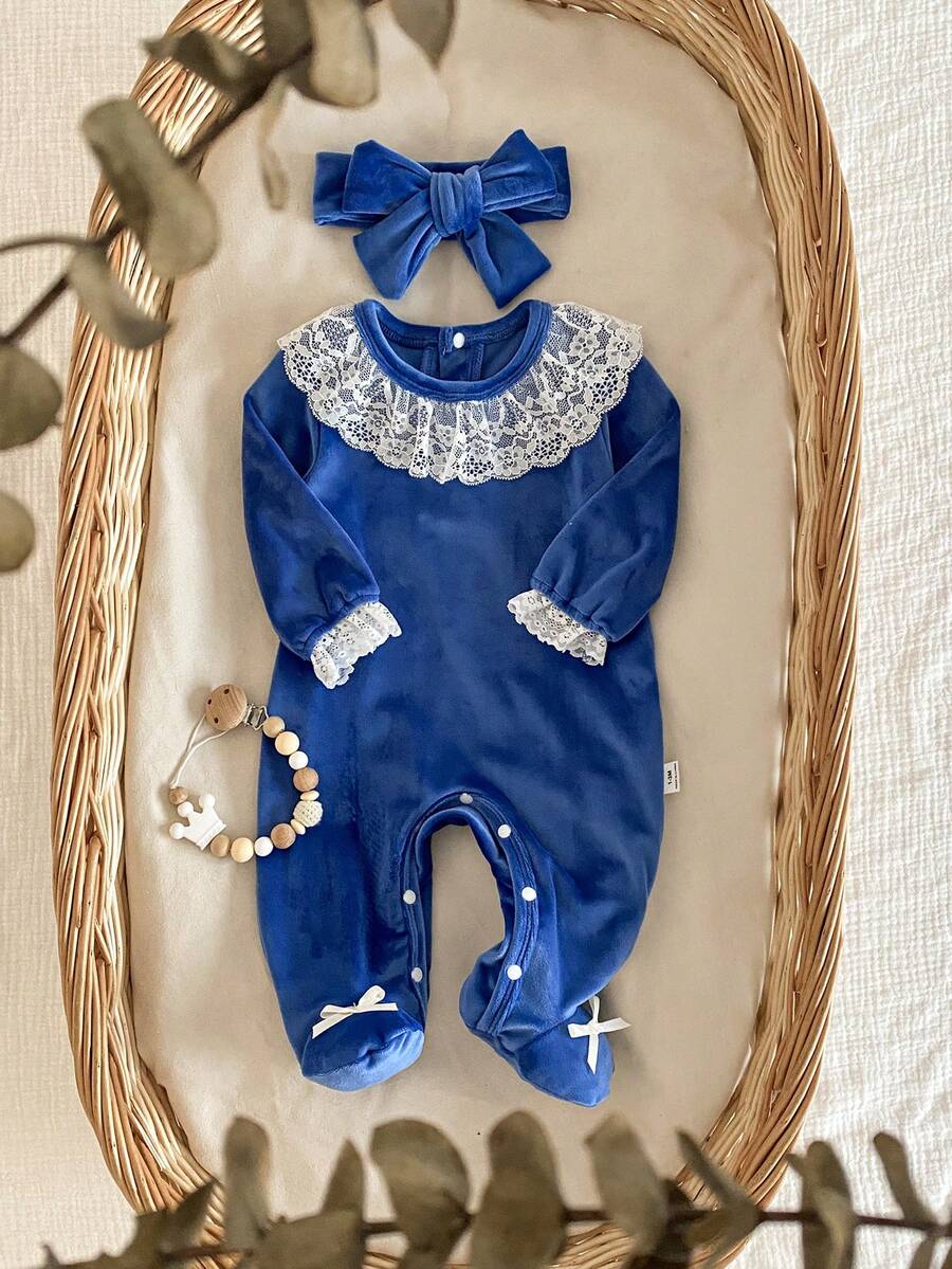 2pcs Newborn Baby Girl Fleece Romper With Lace Trim, Long Sleeve Footie Jumpsuit & Headband Set, Elegant Princess Style, Autumn/Winter Blue Baby Outfit Infant Blue Clothes Newborn Royal Blue Blue Baby Girl Outfit Blue Newborn Baby Set - Blue - View 1