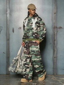 PAVTROS Conjunto de chaqueta con capucha con cremallera y estampado de letras de camuflaje y pantalones largos con cordón en la cintura, estilo casual y urbano para hombre, primavera/otoño - Verde militar - Ver 3