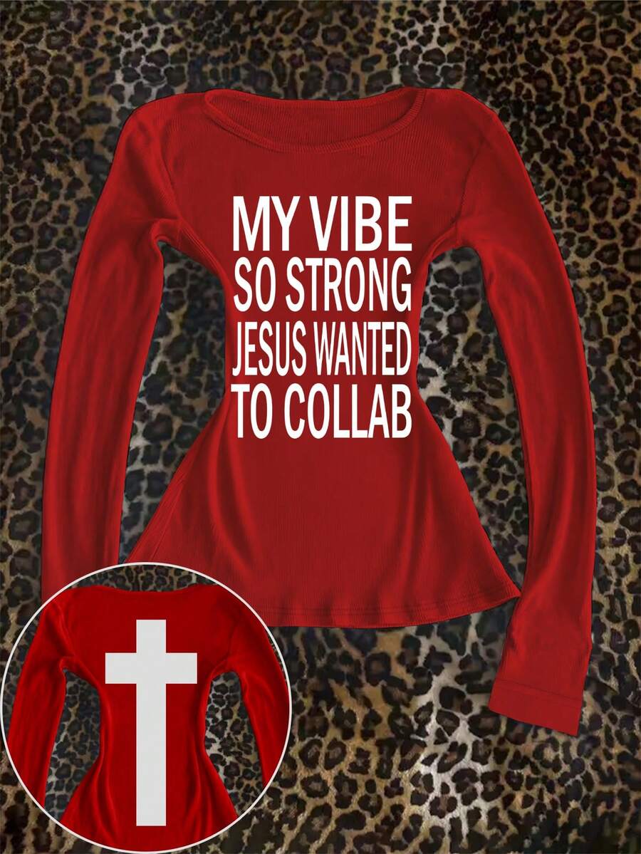 Glimmora Áo thun dài tay in chữ, thoải mái, phong cách thường ngày dành cho nữ - Đỏ - Xem 1