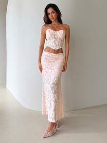 Aloruh Bộ đồ 2 mảnh thanh lịch dành cho nữ, gồm áo hai dây ngắn dệt kim jacquard và chân váy suông, thích hợp cho các buổi hẹn hò và ngày Valentine. - Màu Hồng baby - Xem 4