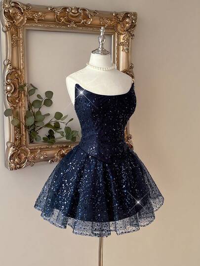 Lovelzi Vestido corto de línea A con hombros descubiertos, bordado y con cuentas, de estilo palaciego y elegante, adecuado para festivales, bodas, galas, conciertos, eventos de negocios, actividades de influencers y regalos nupciales