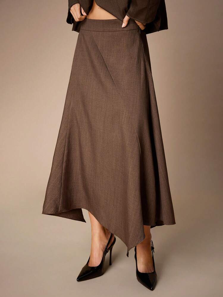SHEIN Maija Casual Brown Plain Long Wrap Skirt For Women With Zipper In Woven Fabric