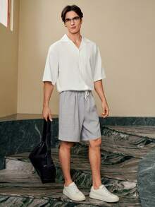 RONVEXI Herren einfarbige Shorts mit schräger Tasche und Kordelzug in der Taille, Lässig - Grau - Übersicht 1