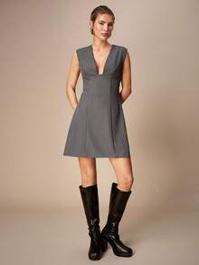 Maija Modern Urban Light Gray Deep V-Neck Sleeveless Mini Dress For Women - Grey - View 1