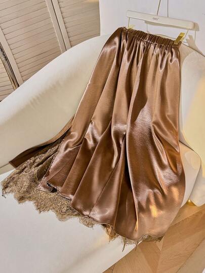 Modelyn Plus Size Solid Color Lace Patchwork A-Line Elegant Casual Skirt