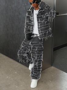 PAVTROS American Style Patch & Fringe Denim Outfit Men 2 Piece Set Patched - Grey - View 8